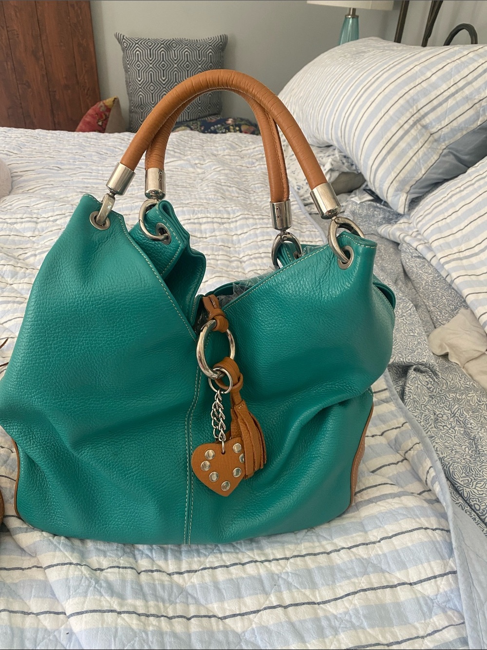Source Unknown Teal Tote with Tan Handles